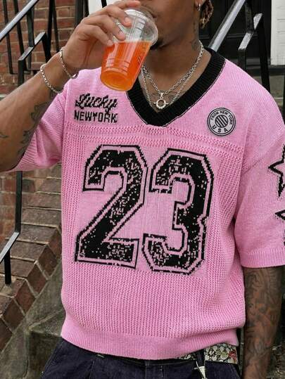  ANDREILEE Spring/Summer Men's Unisex Colorblock Numeric Vintage Jersey V-Neck Casual Streetwear Loose Fit Short Sleeve Knit Sweater, Pink