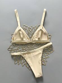 Conjunto de bikini de 2 piezas de unicolor para mujer, estética Y2K con espalda abierta, tirantes ajustables y copa triangular para vacaciones y playa en verano - Champán - Ver 2