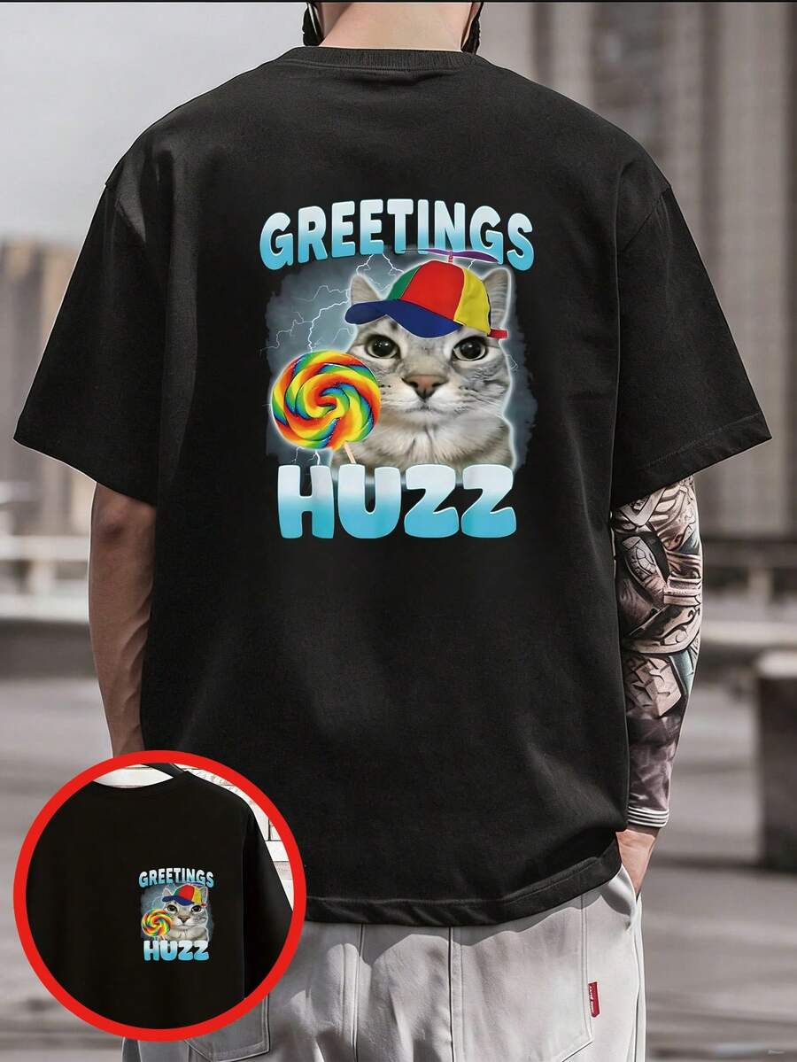 T-shirt unisexe d'été en coton 100% respirant et confortable, impression recto-verso noire "chat Lollipop Greetings Y2K Streetwear", cadeau parfait, tailles S-3XL - Noir - Voir 1