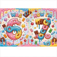 1pc 2D Flat Birthday Party Photography Backdrop, "I WAS 6, NOW I'M 7" Text Design With Donut, Lollipop, Chocolate Pattern, Sparkling Stars, Suitable For 6-7 Years Old Celebration, Family Gathering Party Banner, Vinyl Material - Multicolor - View 12