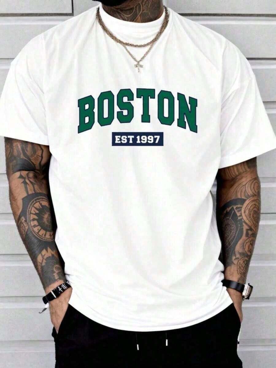 Camiseta casual para hombre con cuello redondo y estampado de letras para uso diario de verano - Blanco - Ver 1