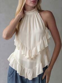 Buzzelle Women's Solid Color Ruffle Neck Versatile Casual Top For Dating & Outings Summer - Apricot - View 4