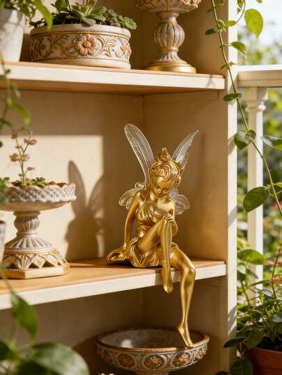 透明翅膀树脂仙女雕塑，金色天使花园雕像，优雅户外装饰品，适用于泳池边、花园、露台、庭院，室内家居装饰，适用于客厅、卧室、办公室，艺术摆件，防水景观装饰，乔迁礼物，现代家居装饰品