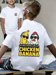 Tween Boy-Cartoon Print T-Shirt, Suitable For Boys Outdoor Sports, Boys Spring/Summer Casual Versatile Top - White - View 3