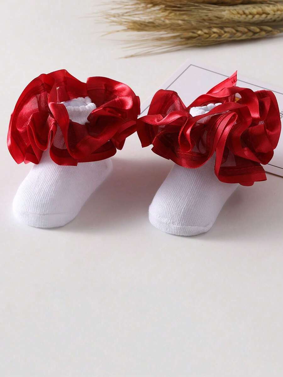 1 Pair 3D Flower Ruffle Trim Socks For Toddler Girls - Multicolor - View 1
