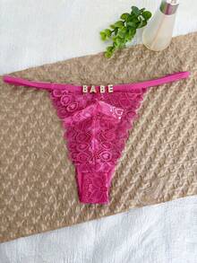 Customize Lace Floral Thongs With Any Letter, Sparkling Crystal English Letter Thin Ribbon Hollow Underwear With Names, G-String,Tanga, Exotic Thongs, Couple Gifts, Wedding Underwear Gifts, Personalized Gifts For Singles Parties, Personalized Gifts For Girlfriends/Wives/Lovers/Friends' Anniversaries/Valentine's Day/Birthdays/Weddings/Holidays/Dates/Holidays/Bedrooms/Living Rooms - Hot Pink - View 3