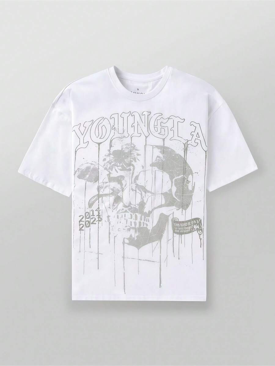 Men's YLA Fashion Brand Short-Sleeved Shirt, Round-Neck Skull Print, Loose Short Sleeves - 白色 - 查看 1