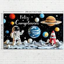1件太空主题生日横幅，以宇航员和火箭为背景，饰有行星、火箭和星星图案，太空主题派对用品，宇航员装饰，涤纶材质。适用于生日、婚礼、派对、庆典、主题派对、派对用品、摄影背景、室内/室外装饰横幅。 - 查看 10