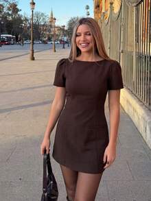 Women's High Waist Round Neck Petal Sleeve Evening Party A-Line Dress, Elegant Black Summer - Cà phê nâu - Xem 2