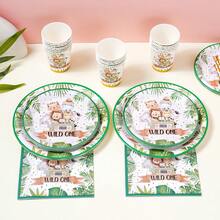 一周岁生日动物图案一次性餐具套装，7/9英寸派对餐盘，一次性纸盘、纸杯、餐巾纸，适用于节日、婚礼、订婚、生日、派对、庆祝活动 - 多色 - 查看 5