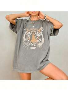 Vintage Tiger Tee - Retro Animal  T-Shirt, 90s Animal Gift For Tiger Lover, Wild Cat Shirt, JungleTiger Graphic Tee220G Heavyweight1830% CottonT-Shirt - 灰色 - 查看 4