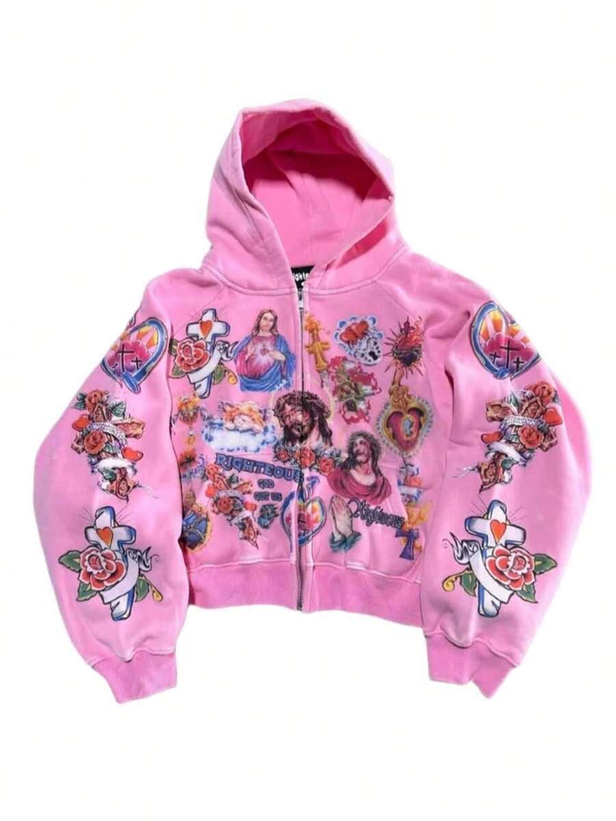 Women's Y2K Religious Tattoo Pattern Zip-Up Hoodie - Cropped Street Style Pullover Sweatshirt, Artistic Print, Casual Loose Fit, Jesus Faith Jacket, Unisex - Pink - View 1