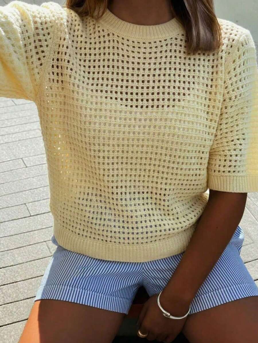 Women's Minimalist Elegant Knit Top, Casual Chic Style, Spring/Summer - Yellow - View 1