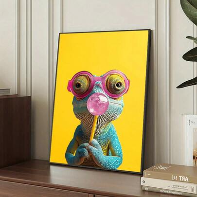 1幅抽象趣味蜥蜴吹泡泡糖彩色帆布装饰画，墙面装饰艺术海报，电影海报，艺术摄影作品，办公室装饰，家居装饰，礼品