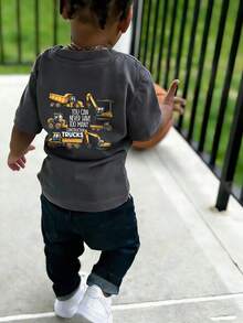 Young Boy Excavator Print T-Shirt, Soft And Comfortable Fabric, Suitable For Boys Outdoor Sports, Casual Wear, Street Style, Campus Style, Fashionable Boys Spring/Summer Casual Versatile Top - Dark Grey - View 4