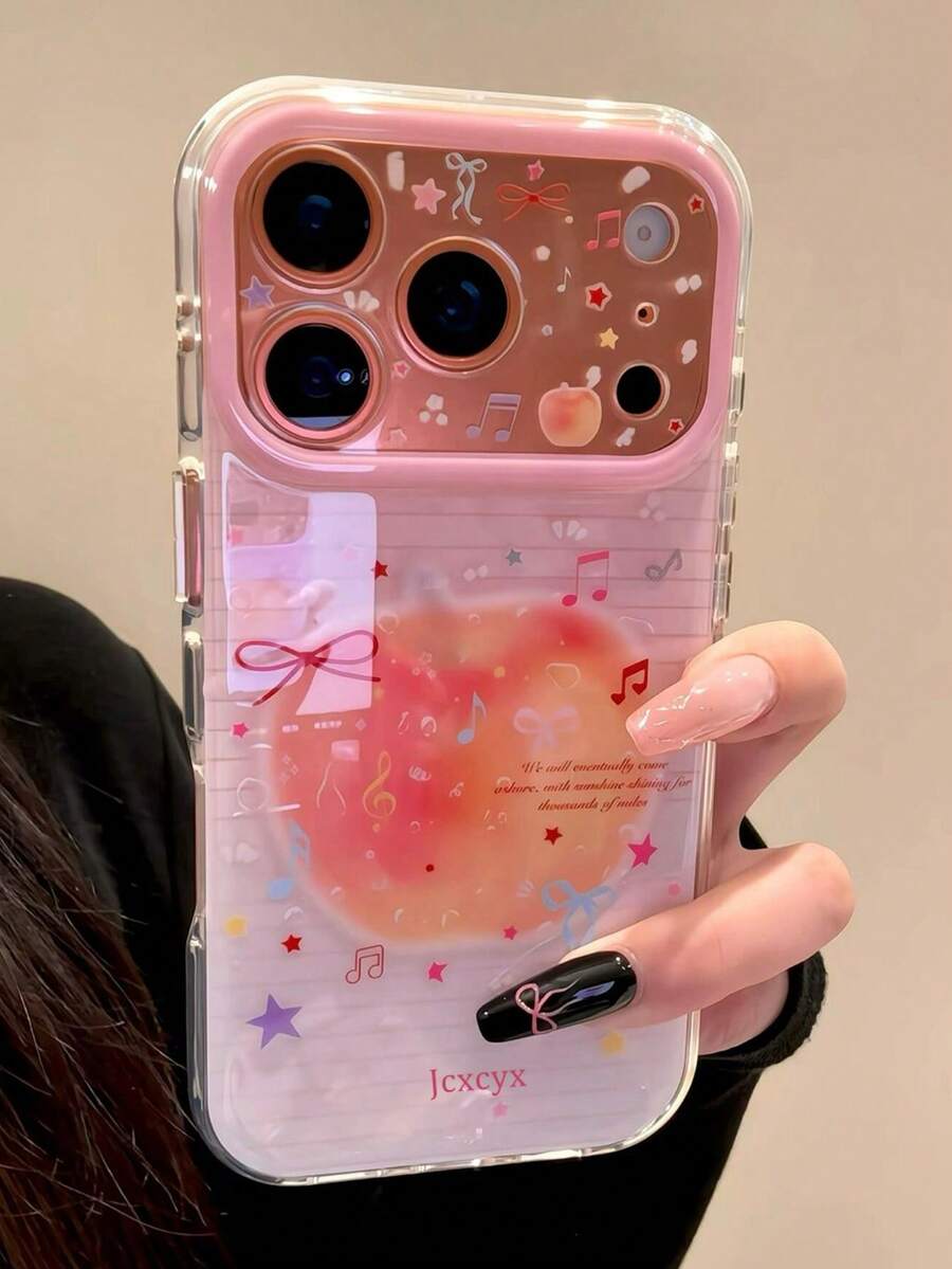 Luxury Shiny Pink Apple Music Symbol Bow Striped Star Pattern Phone Case For IPhone 17 Pro Max 16 15 Pro Max, Cute Girly Anti-Drop Protective Cover - Pink - View 1