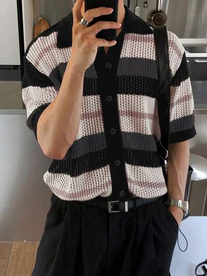 Nueva primavera/verano Suéter holgado de manga corta con escote tipo polo, estampado con rayas de contraste y calado, estilo casual empresarial euroamericano para hombres