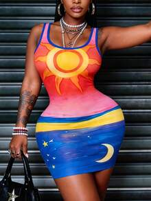 Đầm tank không tay mùa hè phong cách Boho màu xanh dương và cam phối gradient, đầm mini ôm sát gợi cảm kiểu Y2K, hoàn hảo cho kỳ nghỉ biển và phong cách đường phố. - Nhiều màu - Xem 4