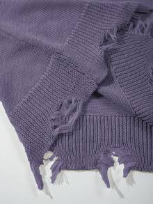 ANDREILEE Men's Spring/Summer Fashion New Neutral Korean Style Minimalist Solid Color Distressed Fringe Lightweight Semi-Sheer Loose Fit Pullover Short Sleeve Knit Apricot Sweater T-Shirt - Purple - View 8