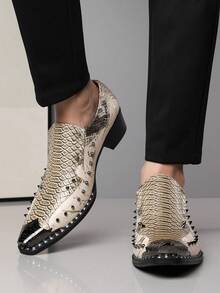 QRLQRL 1 Pair Men's Snake Skin Pattern Rivet Decor Pointed Toe Low-Top Casual Shoes, PU Upper And Rubber Sole, Suitable For Daily Leisure Wear - Gold - View 4