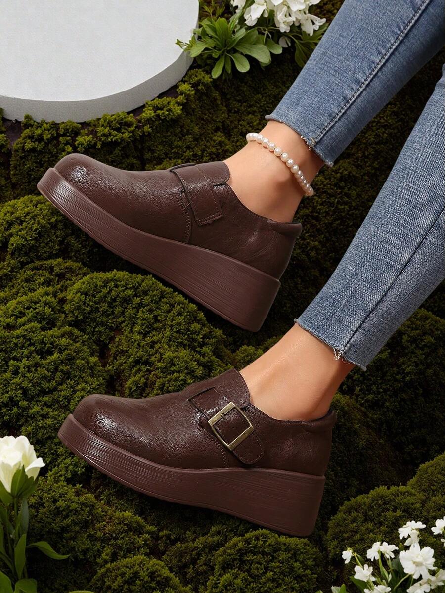 Giày lười đế xuồng da kiểu retro dành cho nữ tuổi teen, giày casual có khóa cài, thoải mái và đa năng. - màu nâu - Xem 1