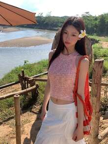 Korean Style Pink & Purple Mixed Color Marled Knit Spaghetti Strap Tank Top Women Cutout Shoulder Sleeveless Cropped Slim Fit Flattering Sexy Camisole Top Summer - Pink - View 2