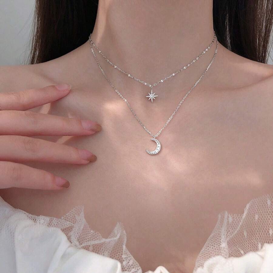1件奢华设计银色水钻星月吊坠项链，精致女士锁骨链 - 銀色 - 查看 1