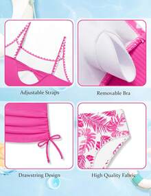 Conjunto de tankini de 2 piezas para niñas con parte superior con cordón y calzoncillos de natación, traje de baño único con borde para 9-16 años - Rosa - Ver 5