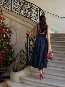 Elegant French Romantic Backless Hollow-Out Cinched Waist Sexy Charming Maxi Dress, Suitable For Christmas, Holiday Party, Date Black Summer - Màu xanh hải quân - Xem 3