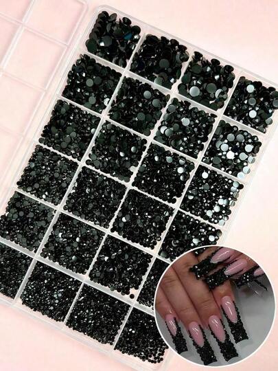 1 Box Random Mixed ABS Punk Nail Art Decorations, Black Rhinestones, Dark Style, Black Round Rhinestones, Suitable For Costume, Halloween Party, Nail Art DIY Accessories Nails Nail Supplies Nail Gems