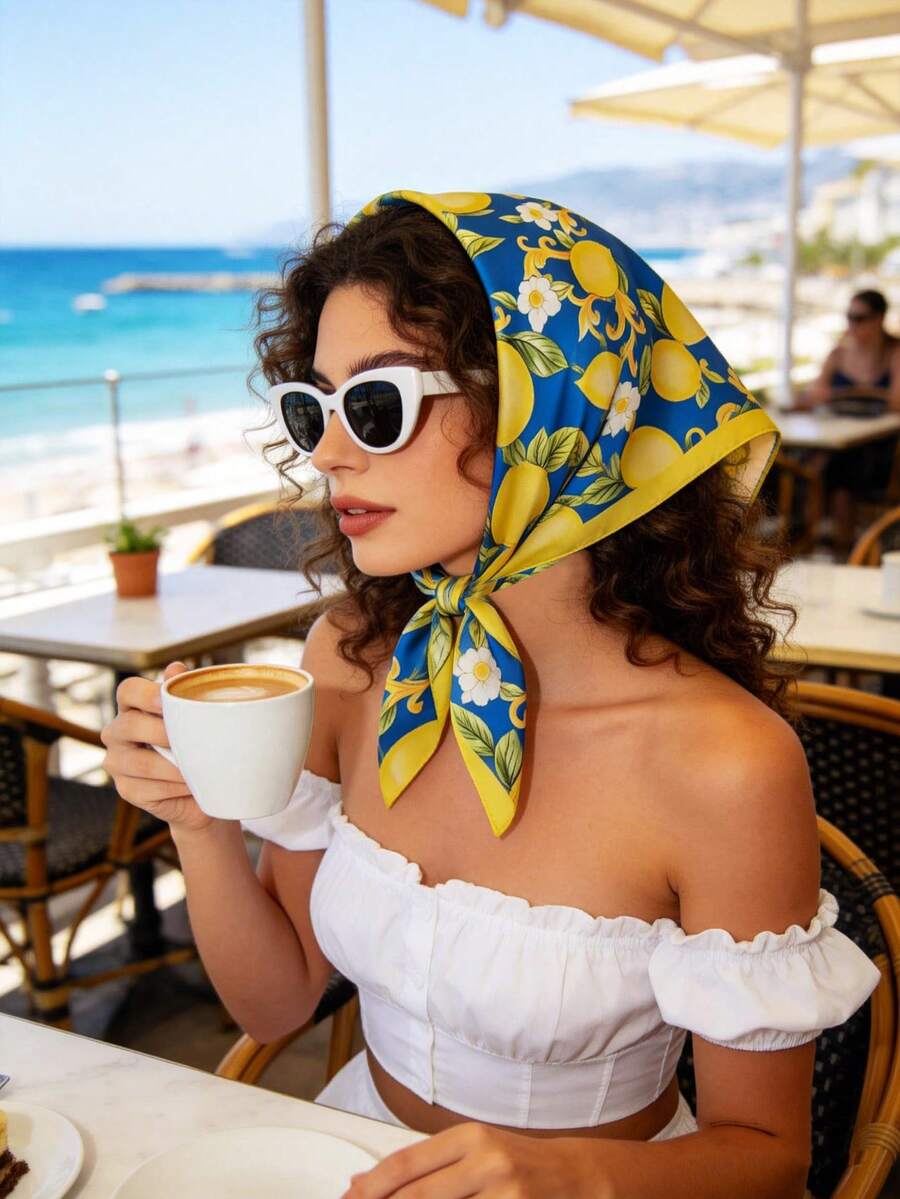 1pc Women's Spring New Silk Satin Scarf, Blue Lemon Flower Print Daily Accessory, Suitable As Gift For Friends