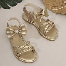 1 Pasang Sandal Anak Perempuan dengan Hiasan Pita, Desain Anyaman Silang Klasik, Sandal Datar Musim Panas Baru untuk Anak-anak, Cocok untuk Sekolah, Pesta, Jalan-jalan, Sandal Anak dengan Perekat Velcro - Emas - View 16