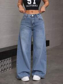 Straight-Leg Dark Blue Denim Jeans With A Butt-Lifting Effect And A Loose, Stretchy Fit - Light Wash - View 5