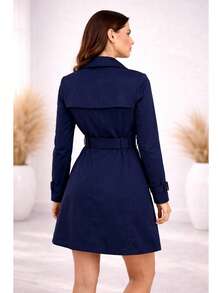 Elegant Women's Overcoat With Belt, Double Buttons, Fitted Jacket, Premium Winter Fashion - 藏蓝色 - 查看 4