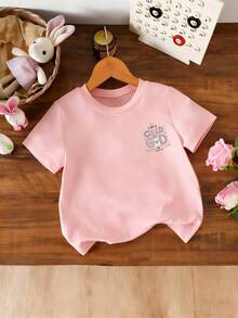 Young Girl Casual Funny Print Round Neck Short Sleeve T-Shirt, Summer Top - Pink - View 5