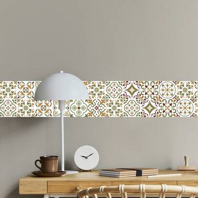 2 Styles 1 Roll Peel And Stick Wall Border, Boho Moroccan Mediterranean 3D Floral Geometric Tile Vinyl Wall Stickers, 3.9/5.9/7.8/11.8in X 118in Waterproof Self-Adhesive Removable Peel And Stick Wallpaper Border, Multi-Color Red Blue & Green Brown 2 Options For Kitchen Backsplash Bathroom Living Room DIY Home Decor