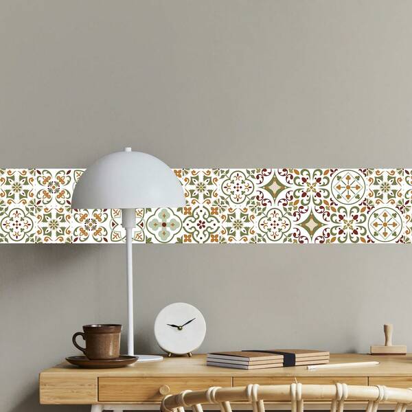 2 Styles 1 Roll Peel And Stick Wall Border, Boho Moroccan Mediterranean 3D Floral Geometric Tile Vinyl Wall Stickers, 3.9/5.9/7.8/11.8in X 118in Waterproof Self-Adhesive Removable Peel And Stick Wallpaper Border, Multi-Color Red Blue & Green Brown 2 Options For Kitchen Backsplash Bathroom Living Room DIY Home Decor