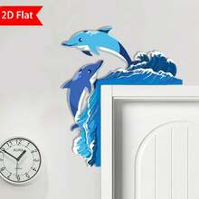 Moldura de canto/porta de madeira decorativa com ondas e golfinhos, perfeita para decoração de casa com tema de praia no verão. Ideal para decorar cantos/paredes em casas, salas de estar, quartos, banheiros e escritórios. Decoração para casa com tema oceânico. - Multicolorido - Ver 1