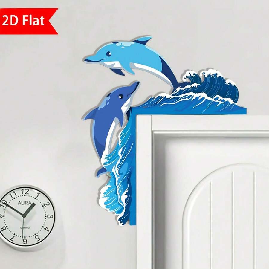 Moldura de canto/porta de madeira decorativa com ondas e golfinhos, perfeita para decoração de casa com tema de praia no verão. Ideal para decorar cantos/paredes em casas, salas de estar, quartos, banheiros e escritórios. Decoração para casa com tema oceânico. - Multicolorido - Ver 1