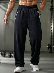 1pc Plus Size Men's Spring/Summer Sports Pants, High Elastic Ice Silk Fabric, Straight-Leg Trousers, Men's 6XL, Reflective Print Black Fall - Black - View 5