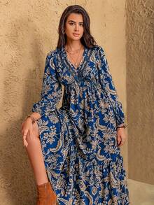 Womens Bohemian Floral Midi Dress V Neck Long Sleeve Smocked Waist Ruffle Tiered Swing Dress Casual Summer Sundress For Wedding Guest, Vacation, Daily Wear - Màu xanh hải quân - Xem 2