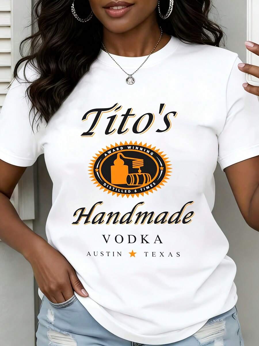 Womens Crewneck T Shirt Tito's Handmade Vodka Austin Texas Logo Print Casual Everyday Wear Summer Festival Outfit 220g - White - View 1
