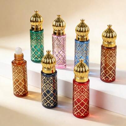 زجاجة عطر زيوت أساسية قابلة لإعادة التعبئة بحجم السفر المصغر، زجاجة دوارة فارغة سعة 10 مل مع غطاء تاج ذهبي بطراز قصر شرقي قديم وطراز شبكي ذهبي رجعي، مقاوم للتسرب ومعتمد من إدارة الأمن في الطيران، ضروريات السفر للعطور وزيوت الشفاه والعناية بالبشرة، اكسسوارات ضرورية للسفر للنساء في الرحلات الجوية وأسفار العمل والإجازات
