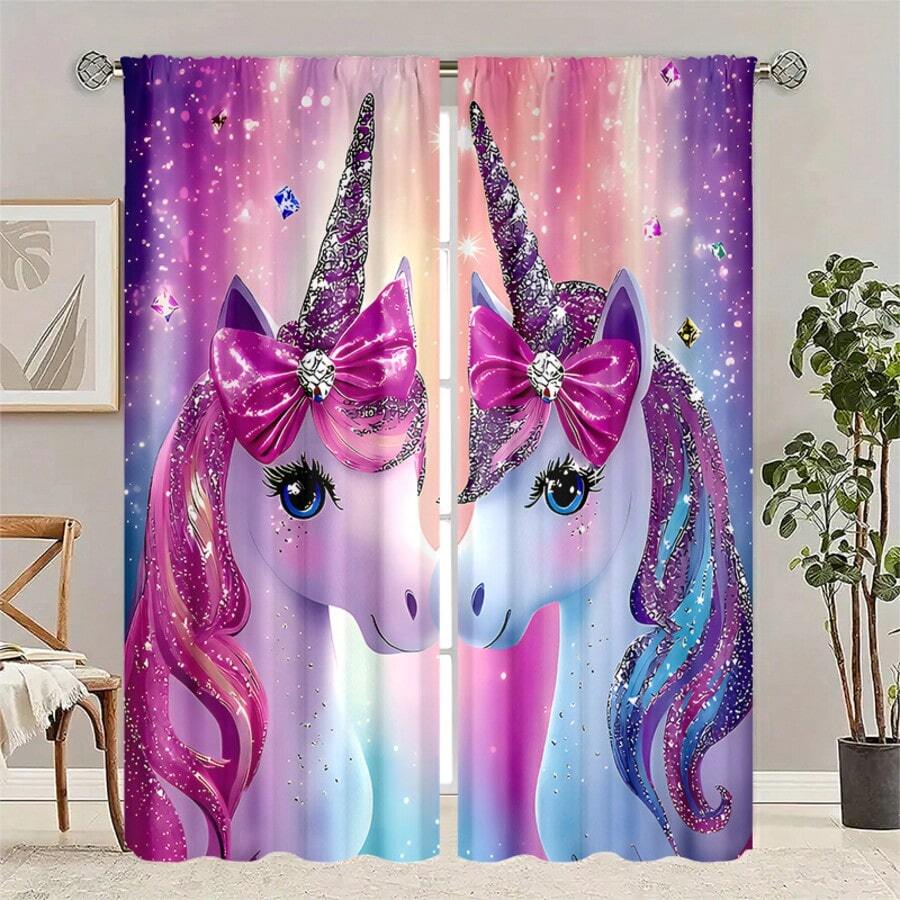 2pcs Pink Unicorn Pattern Semi-Blackout Curtains, No Drill Rod Design, Rod Pocket Hanging, Classic Style For Living Room, Kitchen, Home Decor, Room Divider, Made Of Polyester, Machine Washable - Multicolor - View 1