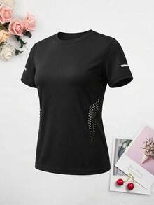 Esta camiseta deportiva casual de mujer de secado rápido de seda de hielo presenta un diseño impreso único, lo que la hace talla grande elegante. Adecuada para uso casual diario, correr, deportes de pelota y actividades de fitness. - Negro - Ver 8