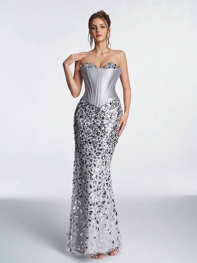 Anymoon Women's Solid Color Sequin Mermaid Hem Glamorous Strapless Evening Gown