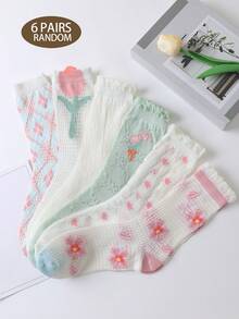 6双白色和粉色花卉图案女士中筒泡泡袜 - 彩色 - 查看 2