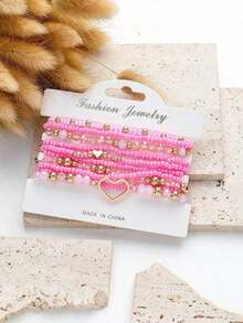 10pcs/Set Heart-Shaped Pearl Beaded Elastic Bracelet Set, Unique Design For Women, Pink - Pink - View 3