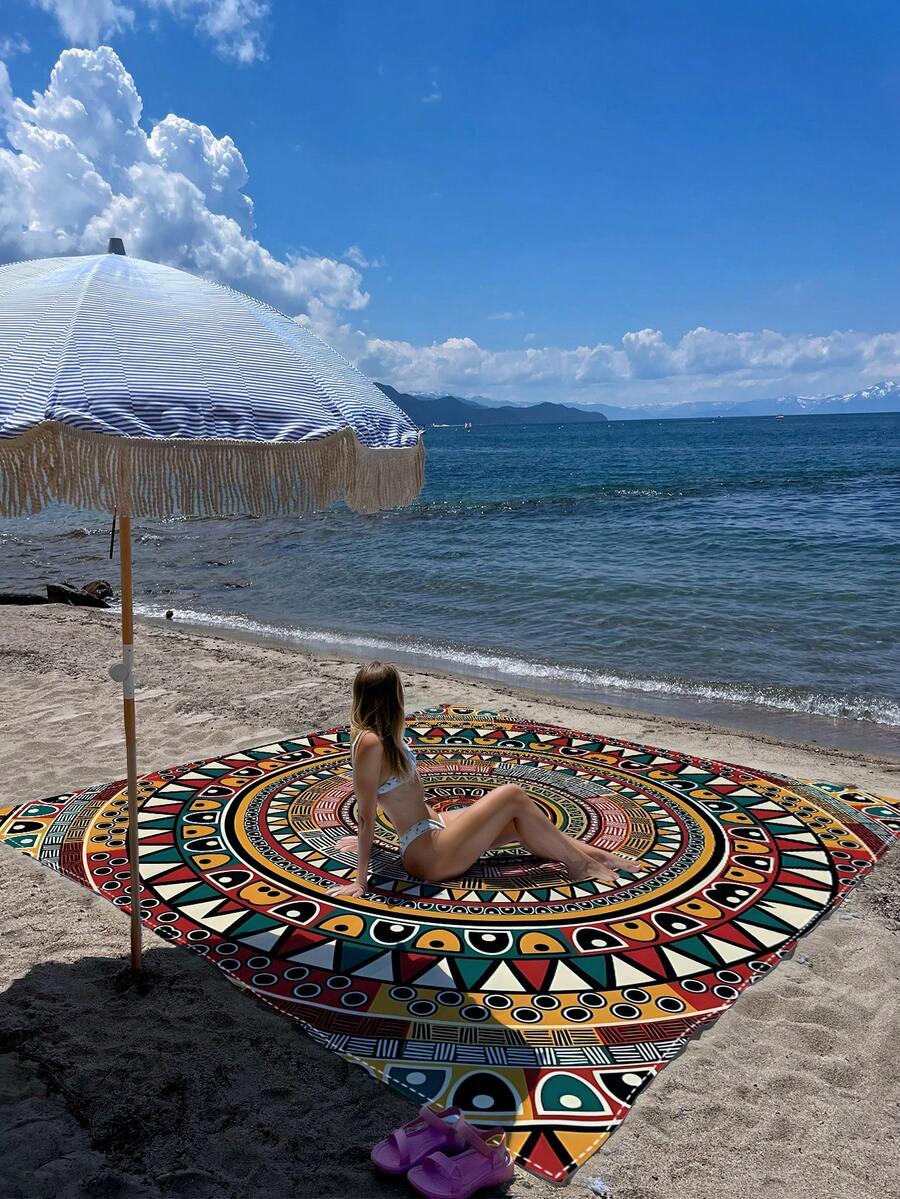 1 pieza Nuevo tapete de playa/picnic impreso digitalmente, a prueba de agua y arena, con un patrón de moda y fresco, adecuado para acampar al aire libre y picnics - A - Ver 1