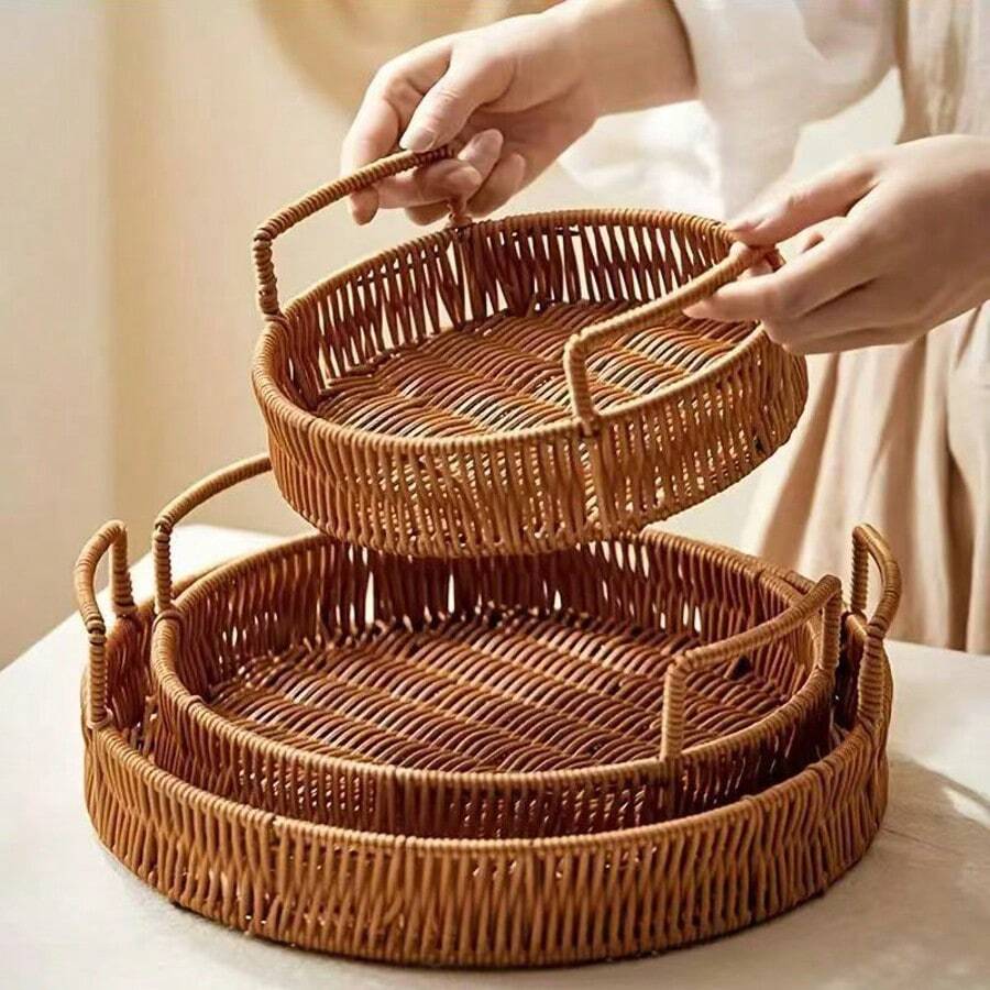 Handmade Rattan Woven Tray With Handles, Oval Shaped Fruit/Bread/Snack Basket - Khaki - View 1